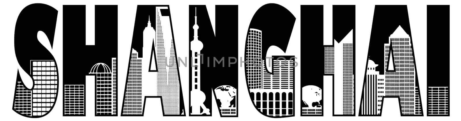 Shanghai China City Skyline Text Outline Black and White Illustration