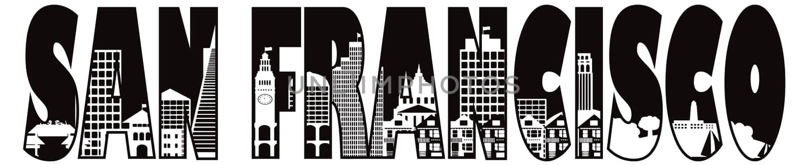 San Francisco California City Skyline Text Outline Black and White Illustration