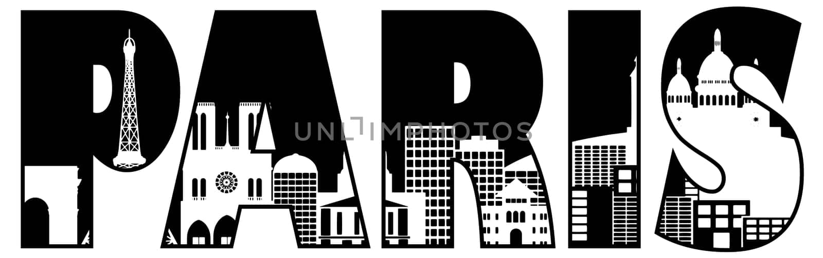 Paris France City Skyline Text Outline Black and White Silhouette Illustration