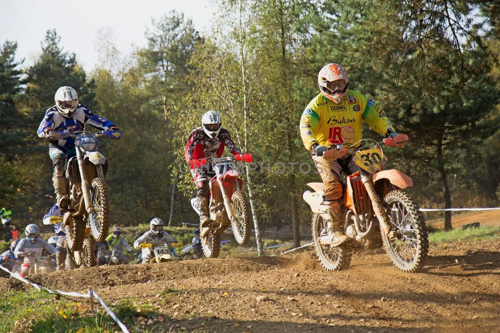 ZABREH, CZECH REPUBLIC - OCT 19.Motocross riders are jumping at Motocross Zabreh Cup on October 19, 2013 in Zabreh, Czech Republic (Central Europe)