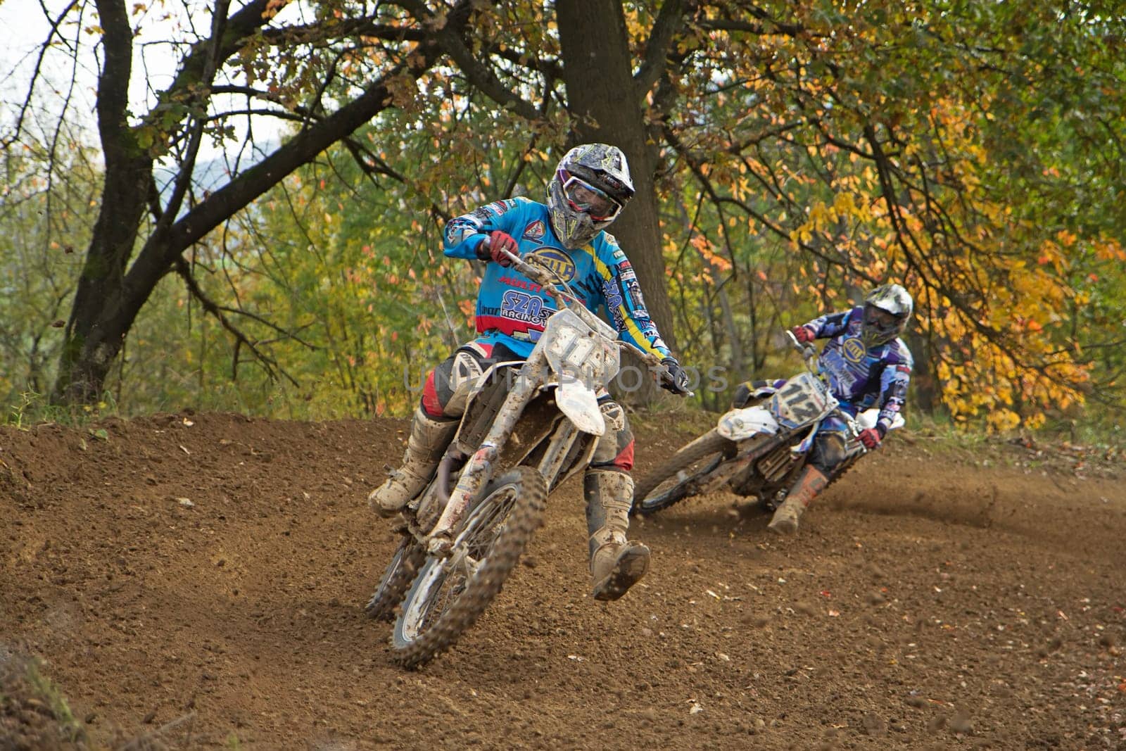 ZABREH, CZECH REPUBLIC - OCT 19. Closeup shot of motocross riders in turn at Motocross Zabreh Cup on October 19, 2013 in Zabreh, Czech Republic (Central Europe)