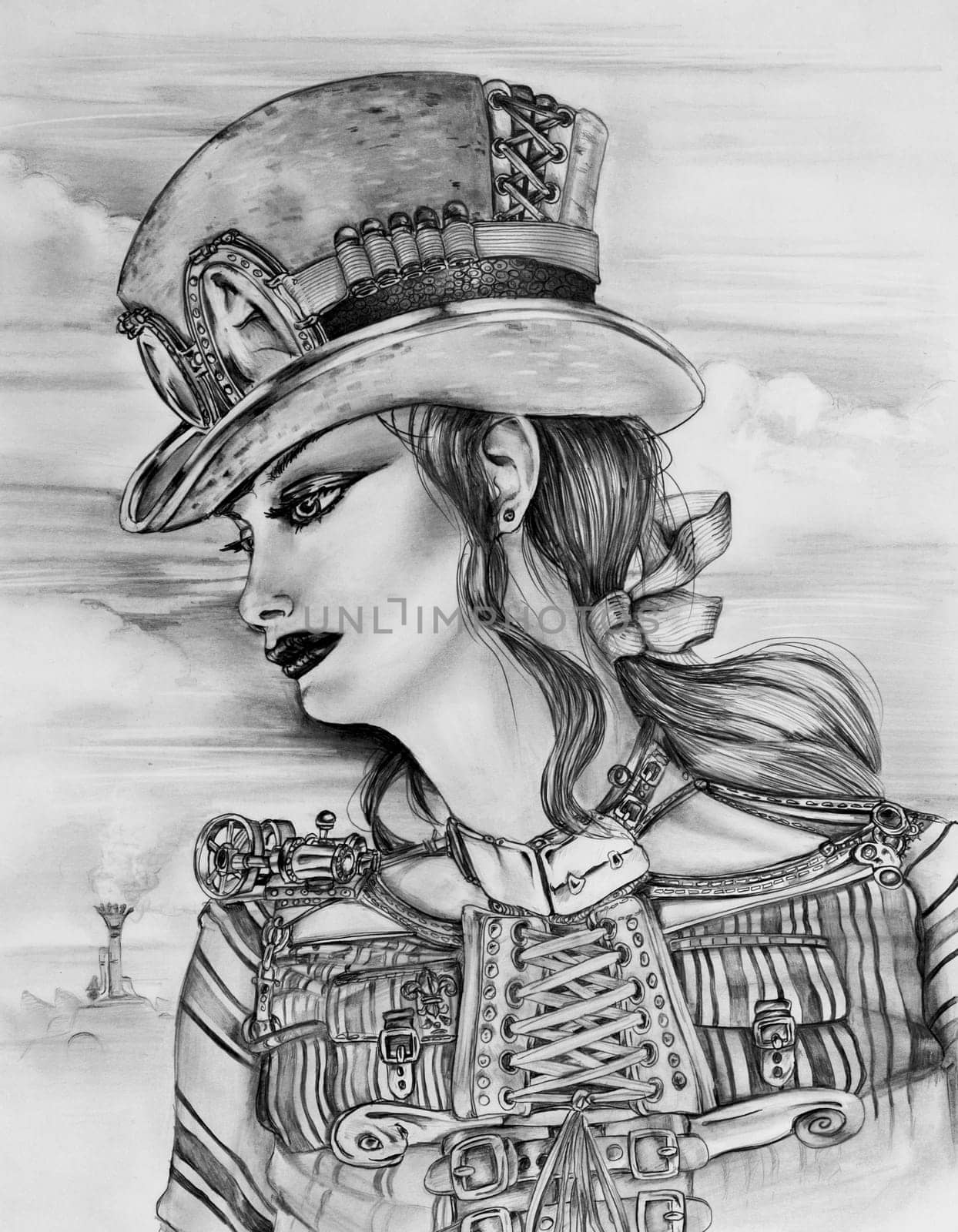 Original pencil sketch drawn by myself of a Steampunk woman in a customized top hat.