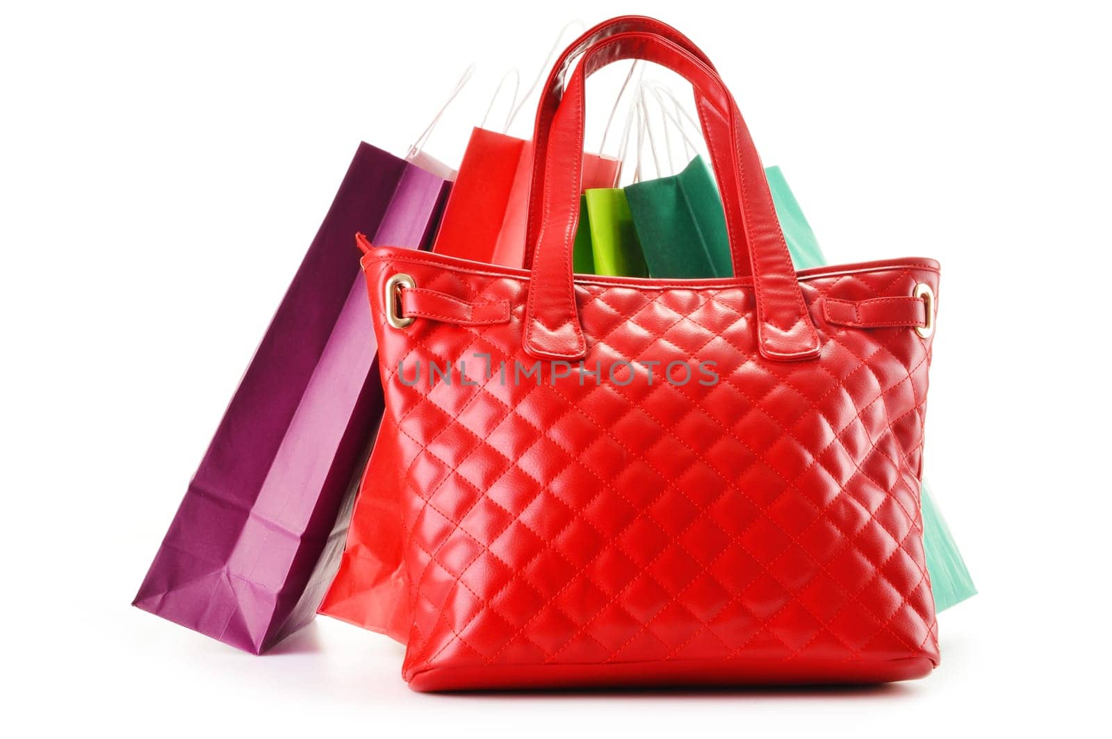 Paper shopping bags and handbag isolated on white background