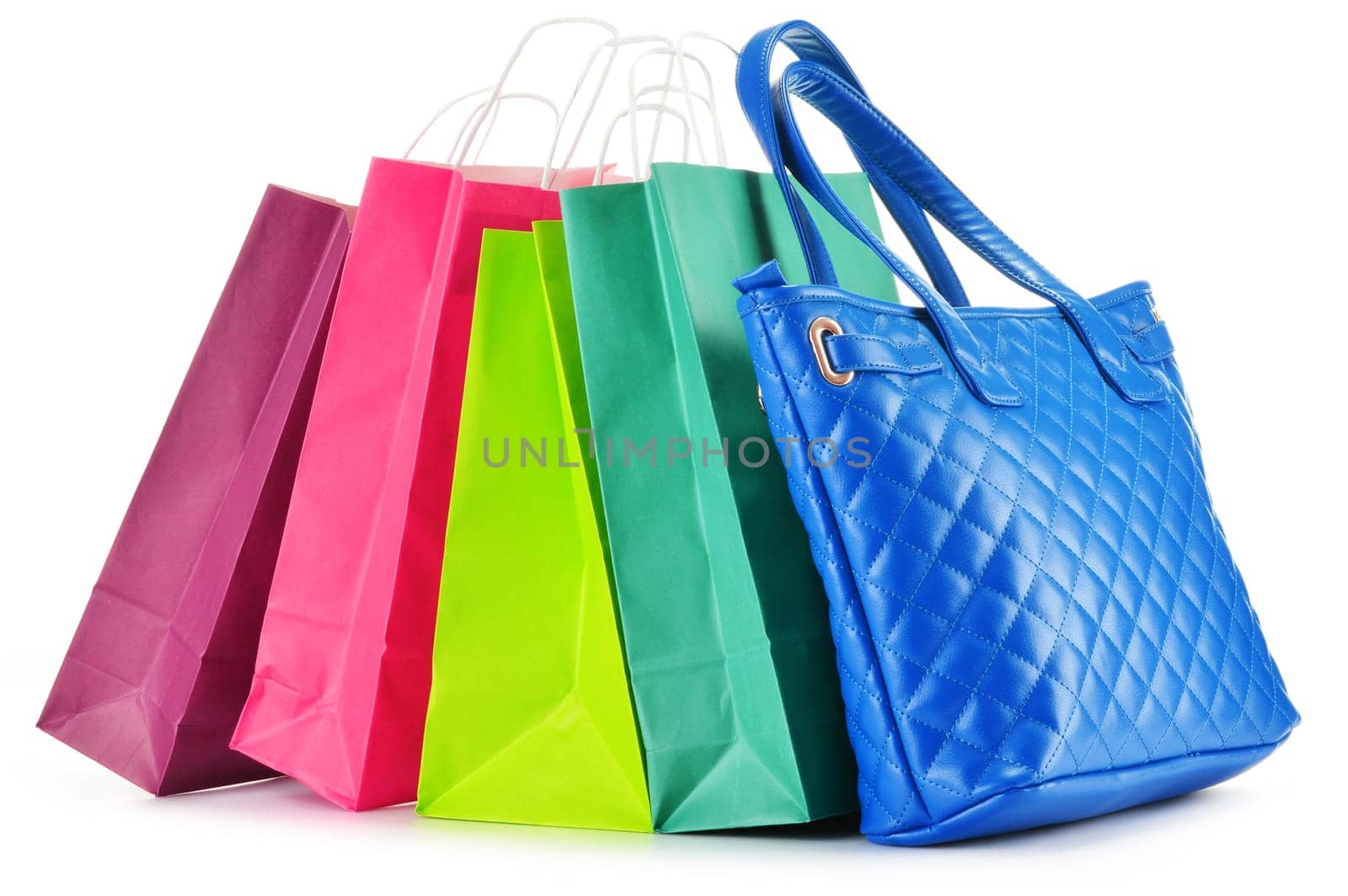 Paper shopping bags and handbag isolated on white background