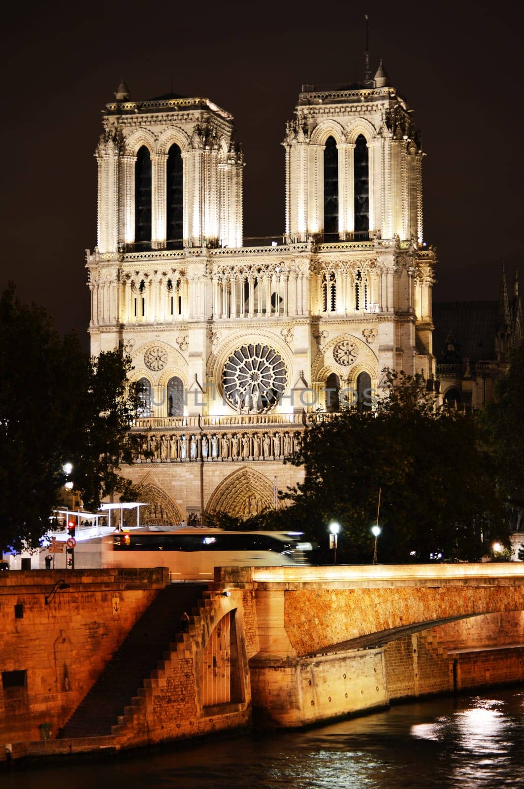 Notre-Dame Cathedral in Paris, France by night.