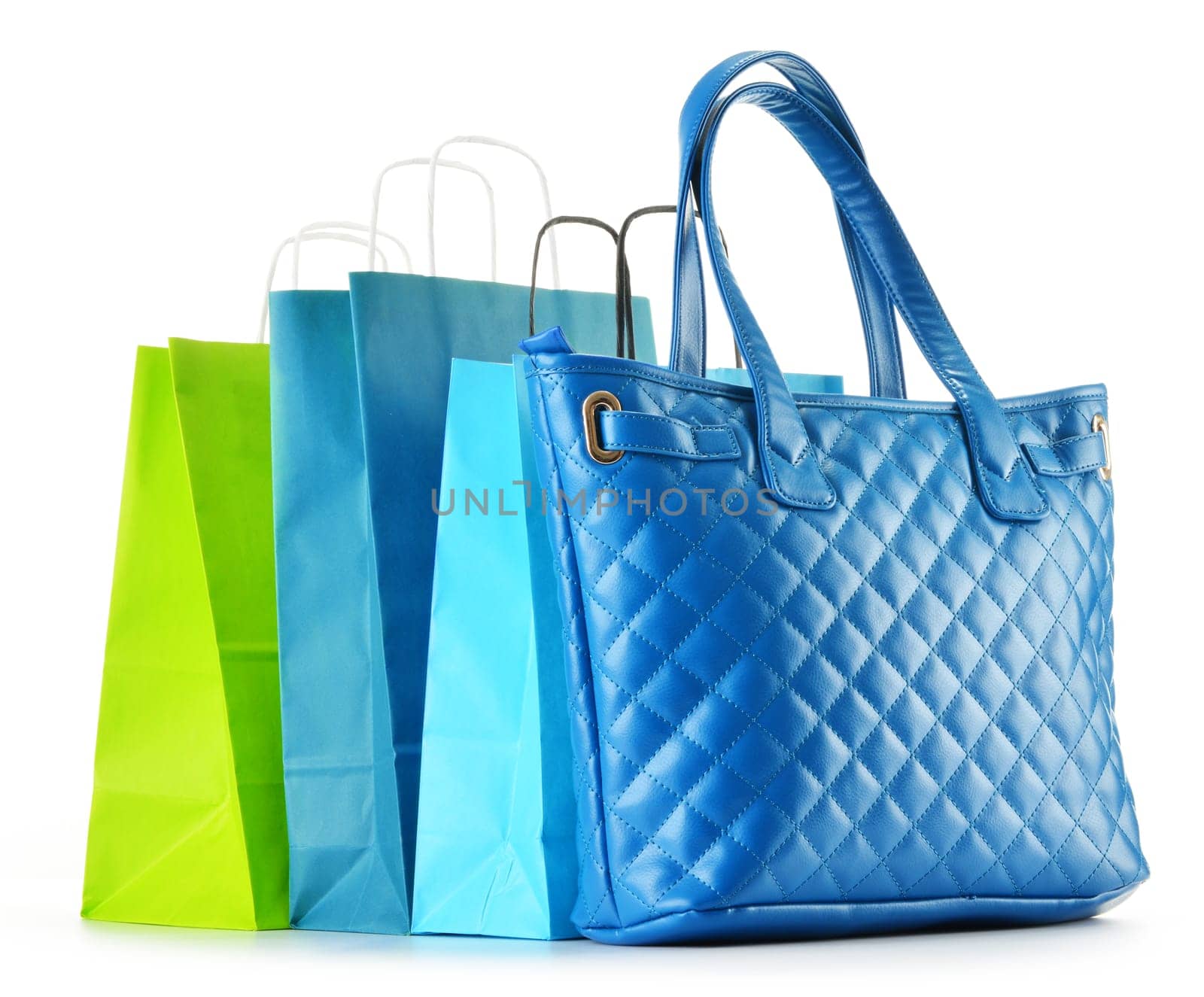 Paper shopping bags and handbag isolated on white background
