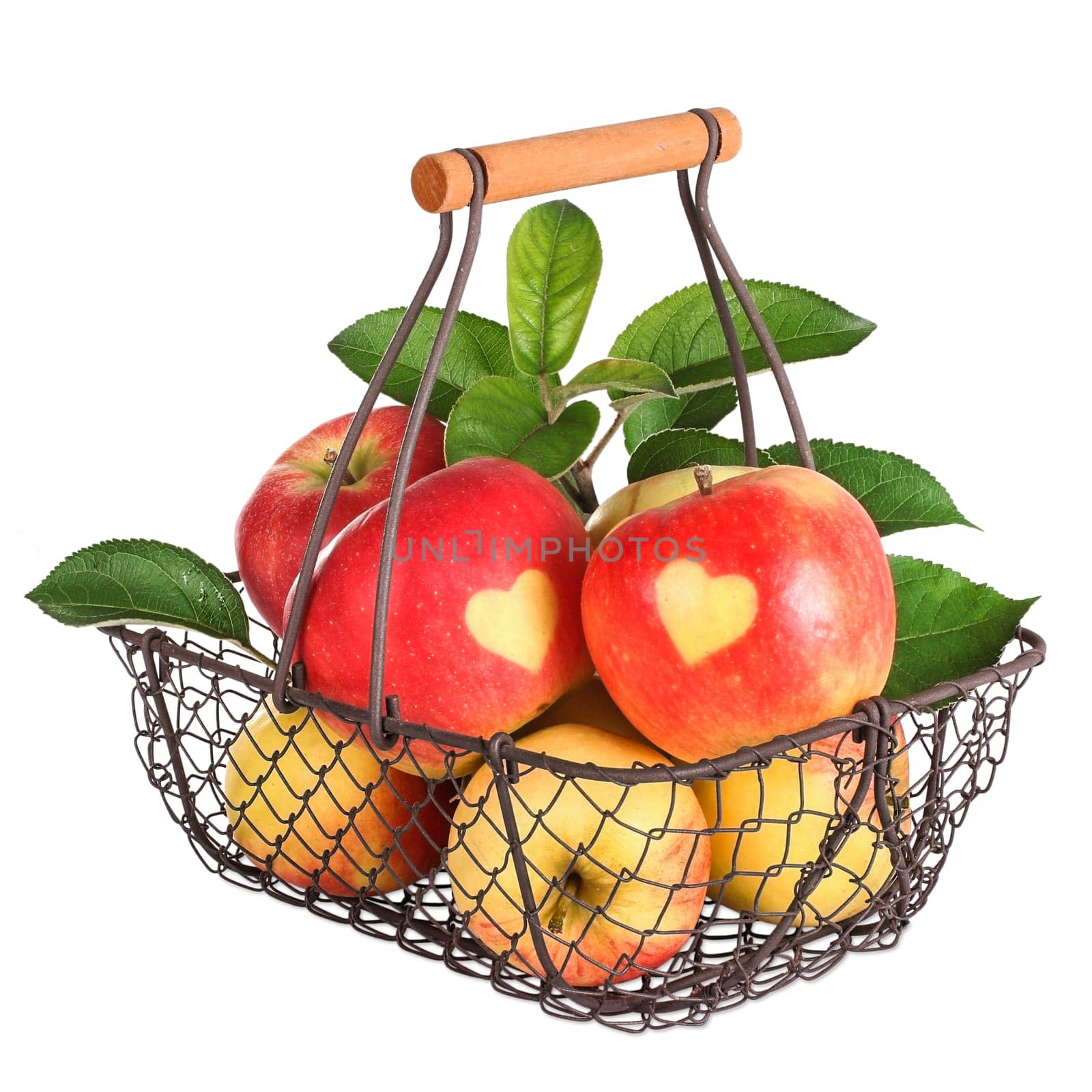 Apples in a basket with hearts on them
