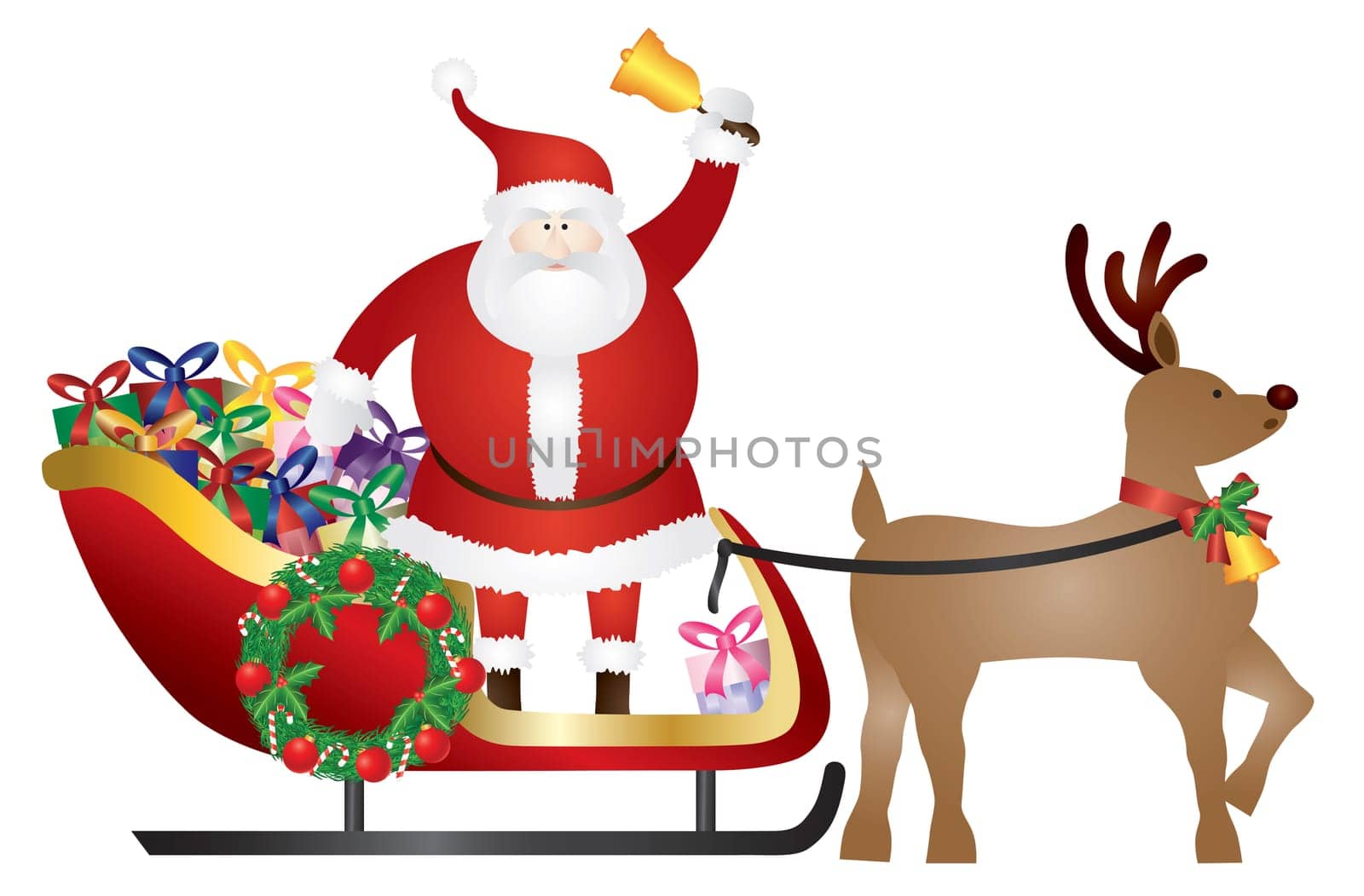 Santa Claus Ringing Bell in Sleigh Pulled by Reindeer Delivering Wrapped Presents Isolated on White Background Illustration