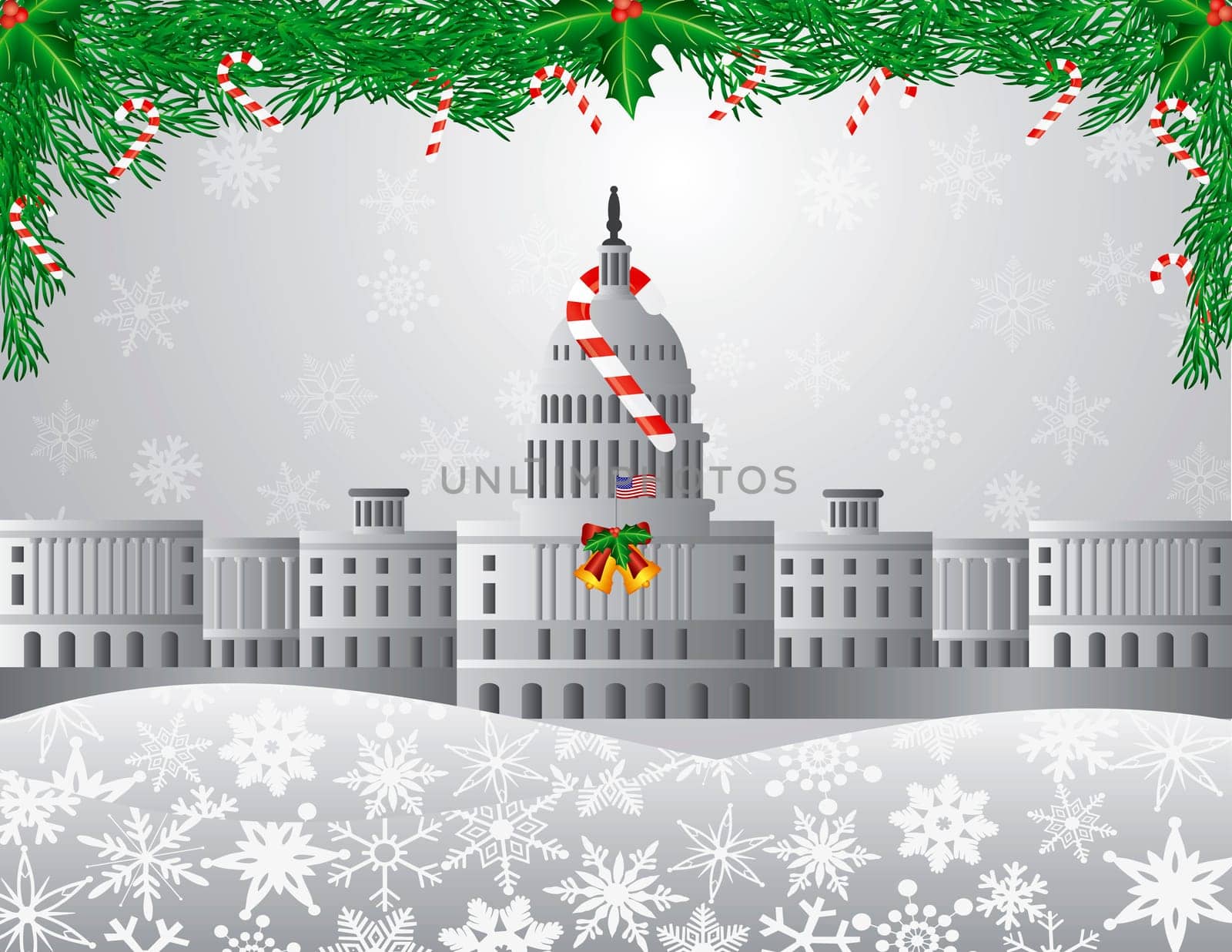 Washington DC Capitol Building with Garland Candy Cane Holly Berries on Snowflakes Background Illustration