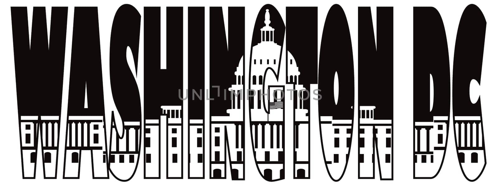 Washington DC Capitol Building Text Outline Black and White Silhouette Illustration
