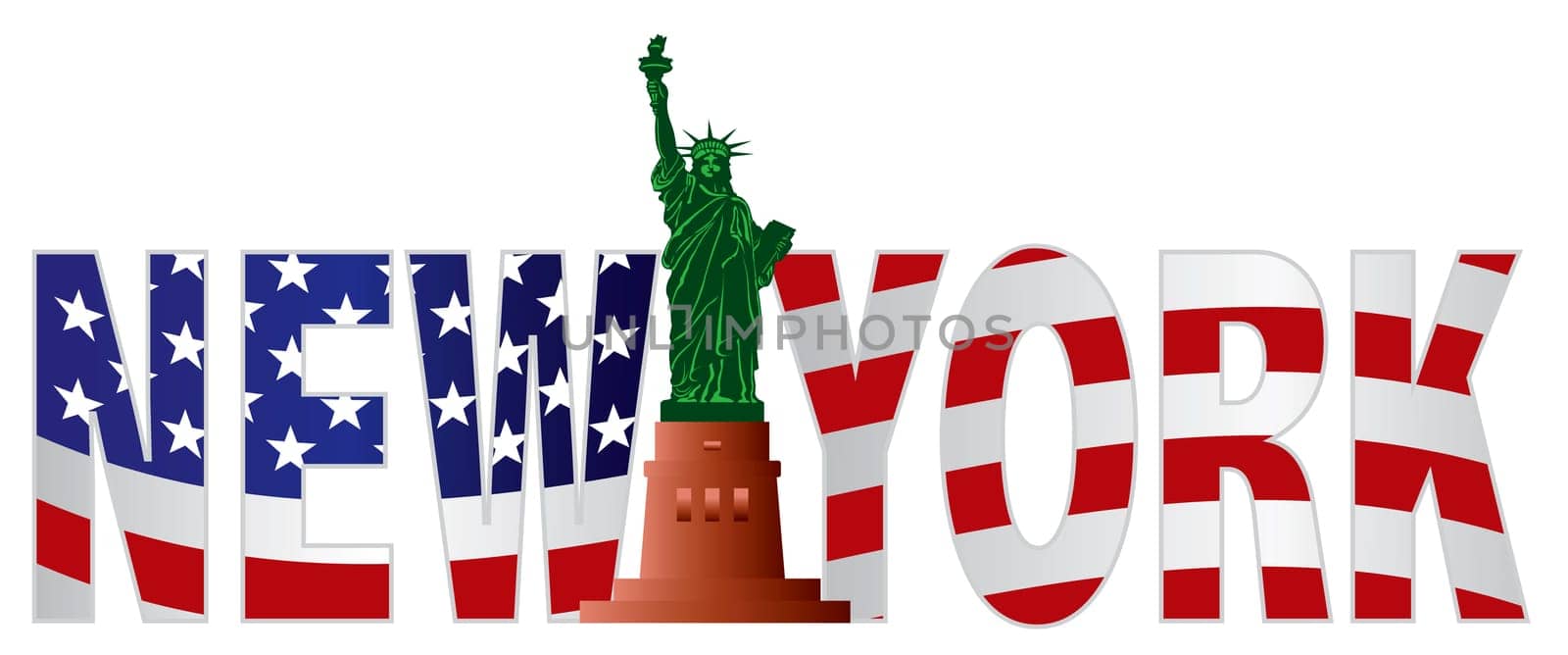 New York Text Outline Silhouette with Statue of Liberty and US American Flag Background Color Illustration