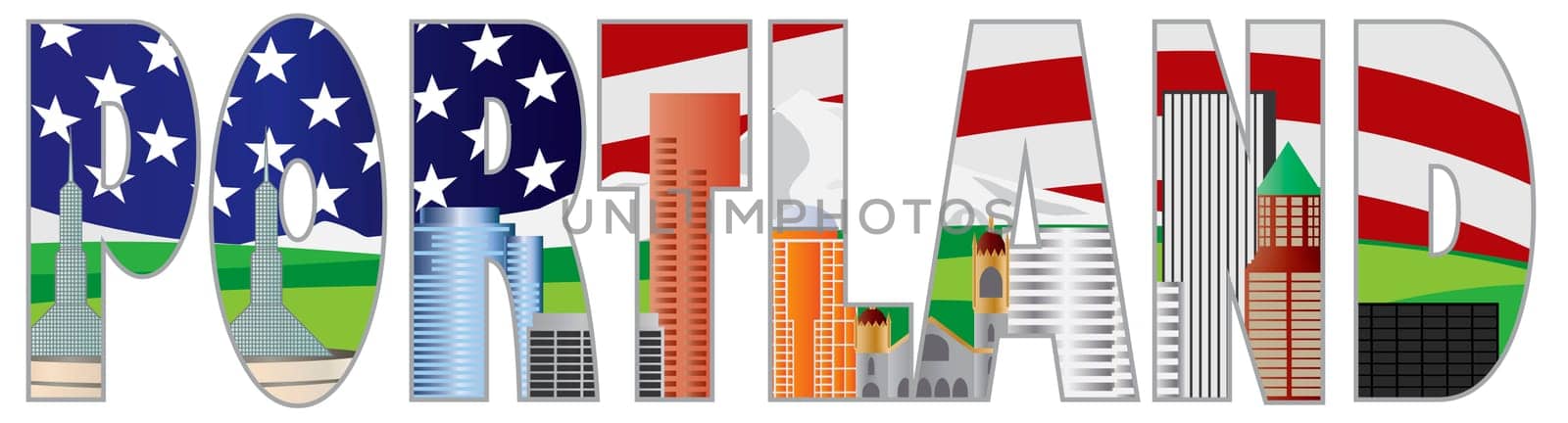 Portland Oregon Text Outline Silhouette with City Skyline Downtown with US American Flag Background Illustration
