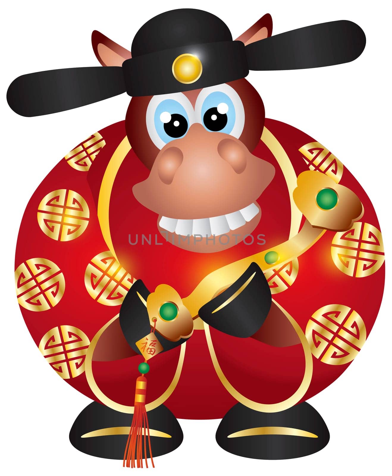 2014 Happy Chinese Lunar New Year of the Horse Prosperity Money God Holding Ruyi Scepter Illustration Isolated on White Background