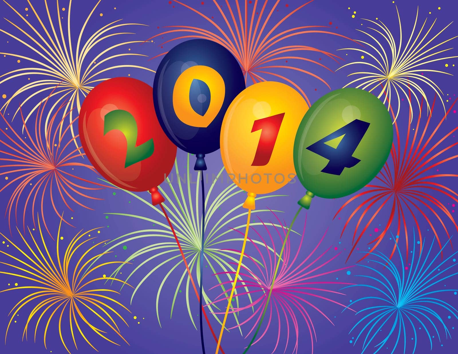 Happy New Year 2014 Balloons with Fireworks Display Background Illustration