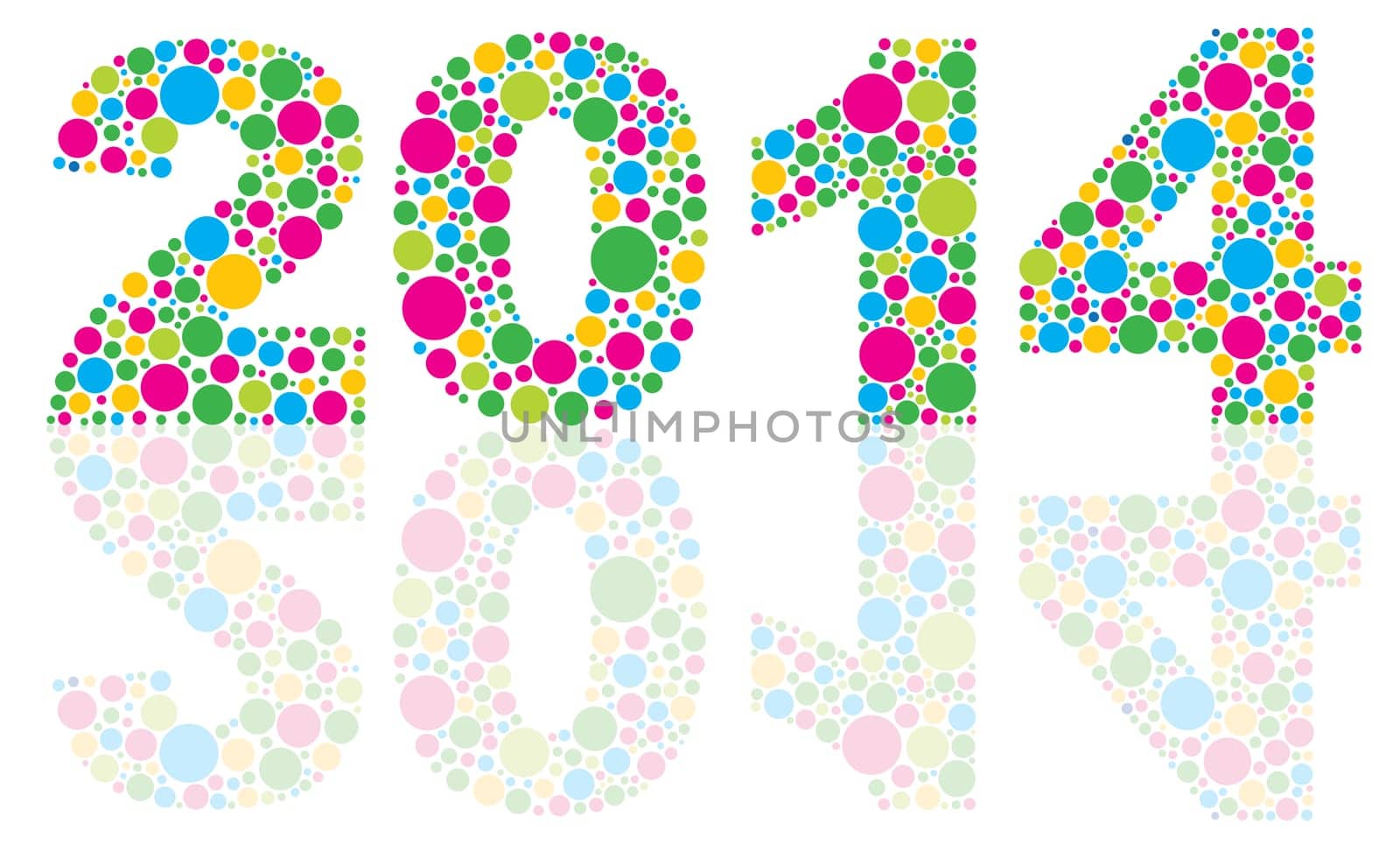 Happy New Year 2014 Silhouette with Colorful Polka Dots and Reflection Illustration Isolated on White Background