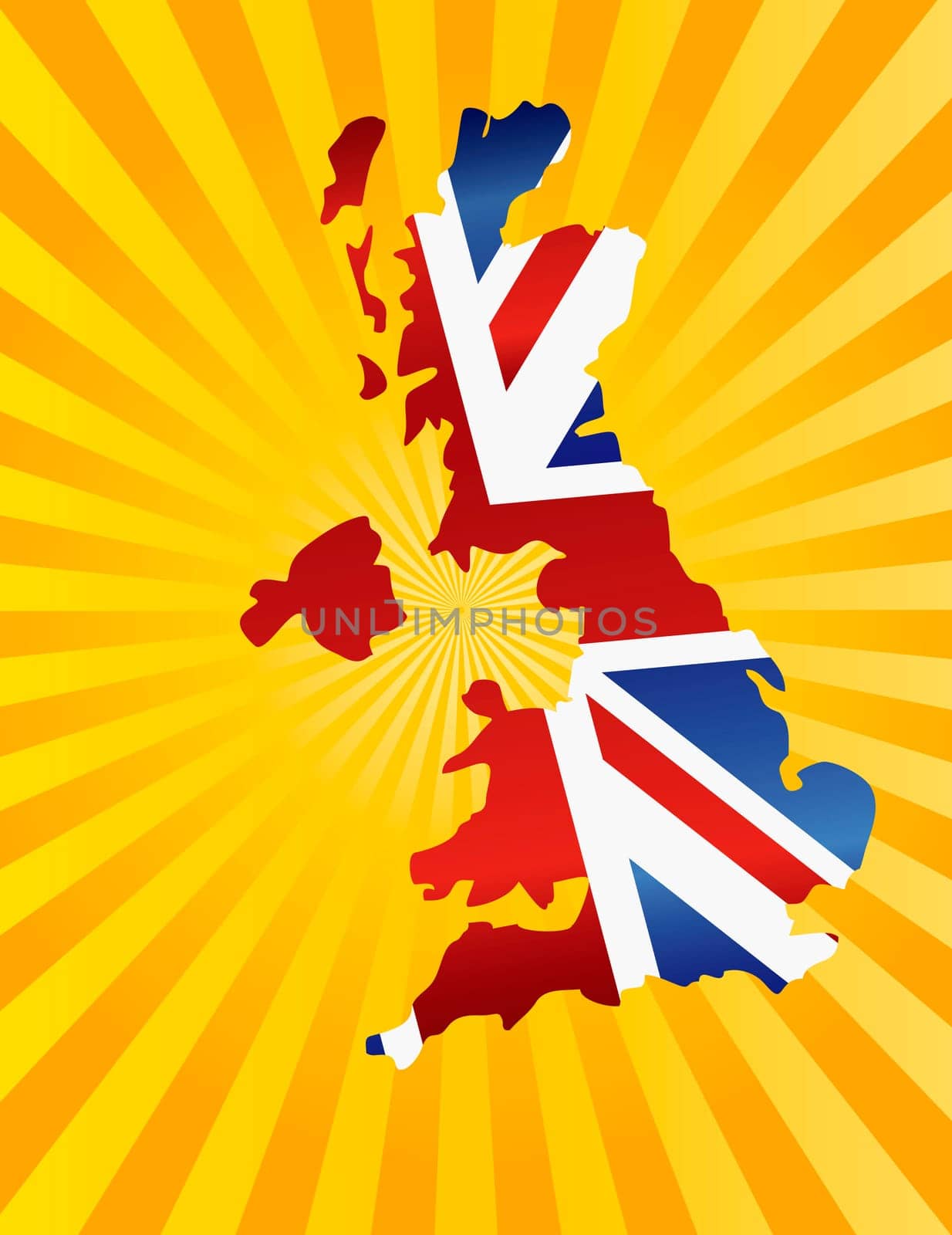 uk great britain union jack flag in map silhouette with sun rays background illustration