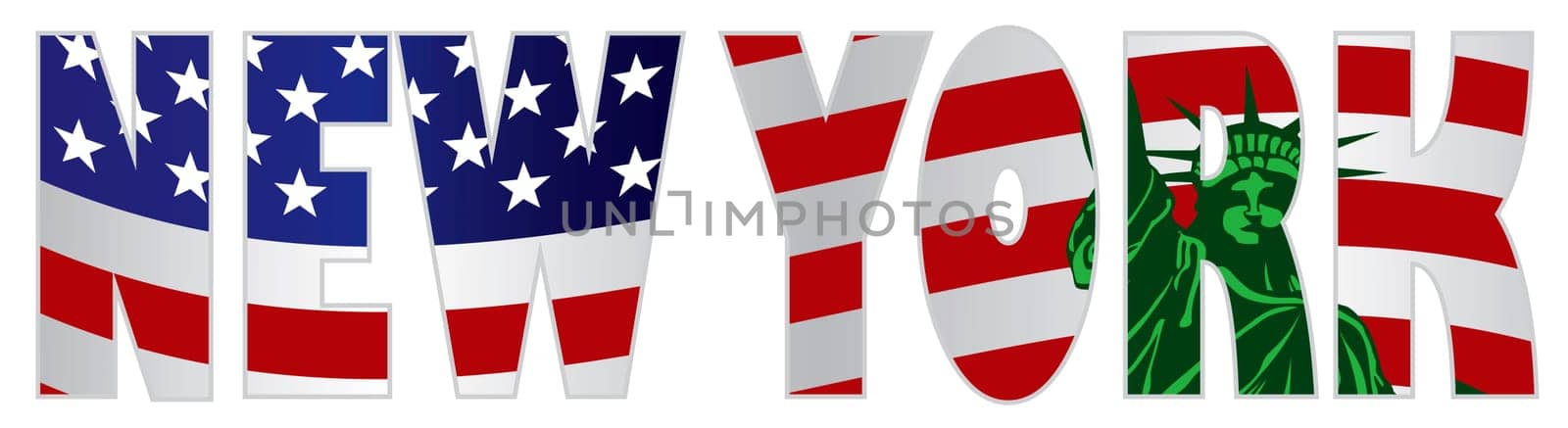 New York Text Silhouette with Statue of Liberty and US American Flag Background Inside Outline Color Illustration