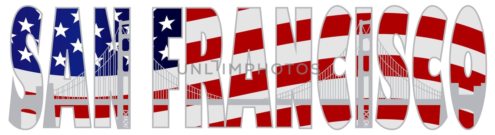San Francisco California Text Outline Silhouette with Golden Gate Bridge with US American Flag Background Illustration