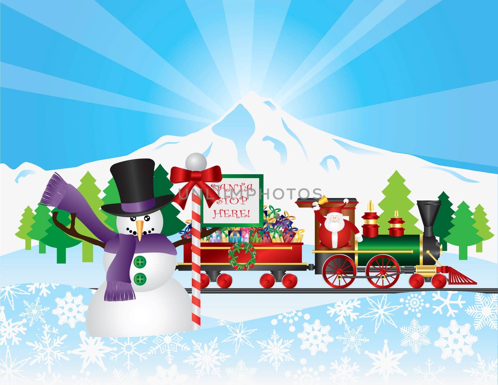 Santa Claus on Vintage Train with Winter Snow Scene with Snowman House Trees and Stop Sign Illustration