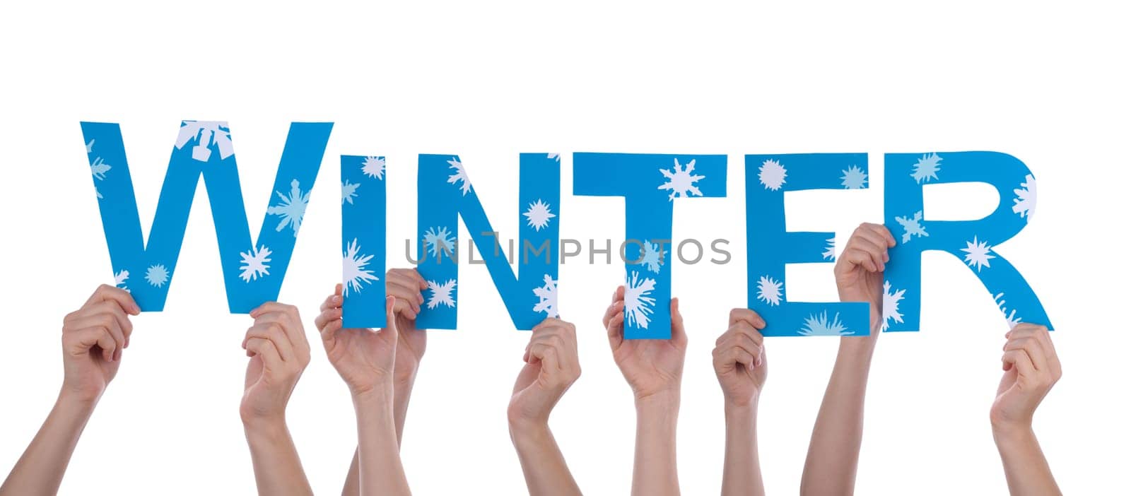 Many Hands Holding the Winterly Word Winter with Snowflakes, Isolated