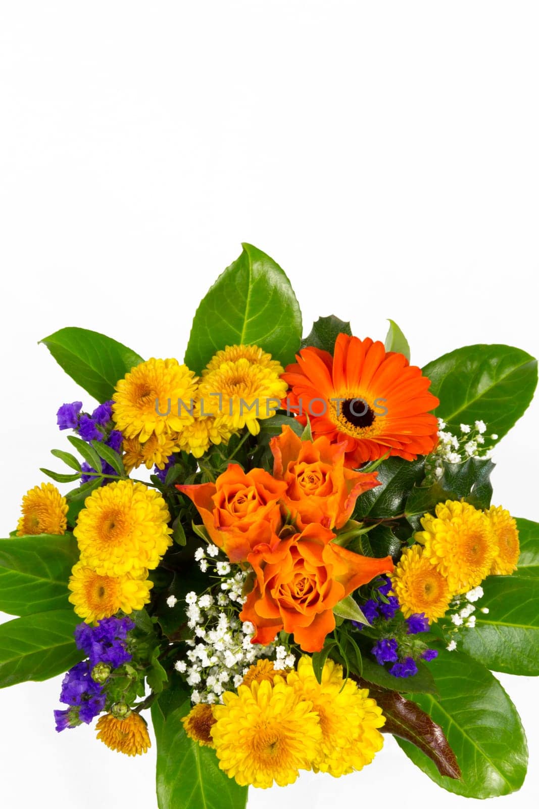 A bouquet of roses,statice,veil herb,chrysanthemums and marigolds
