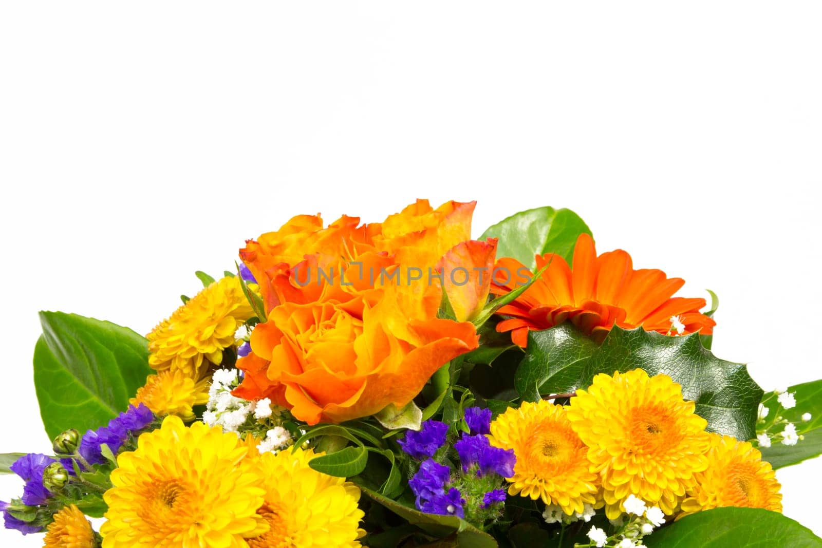 A bouquet of roses,statice,veil herb,chrysanthemums and marigolds