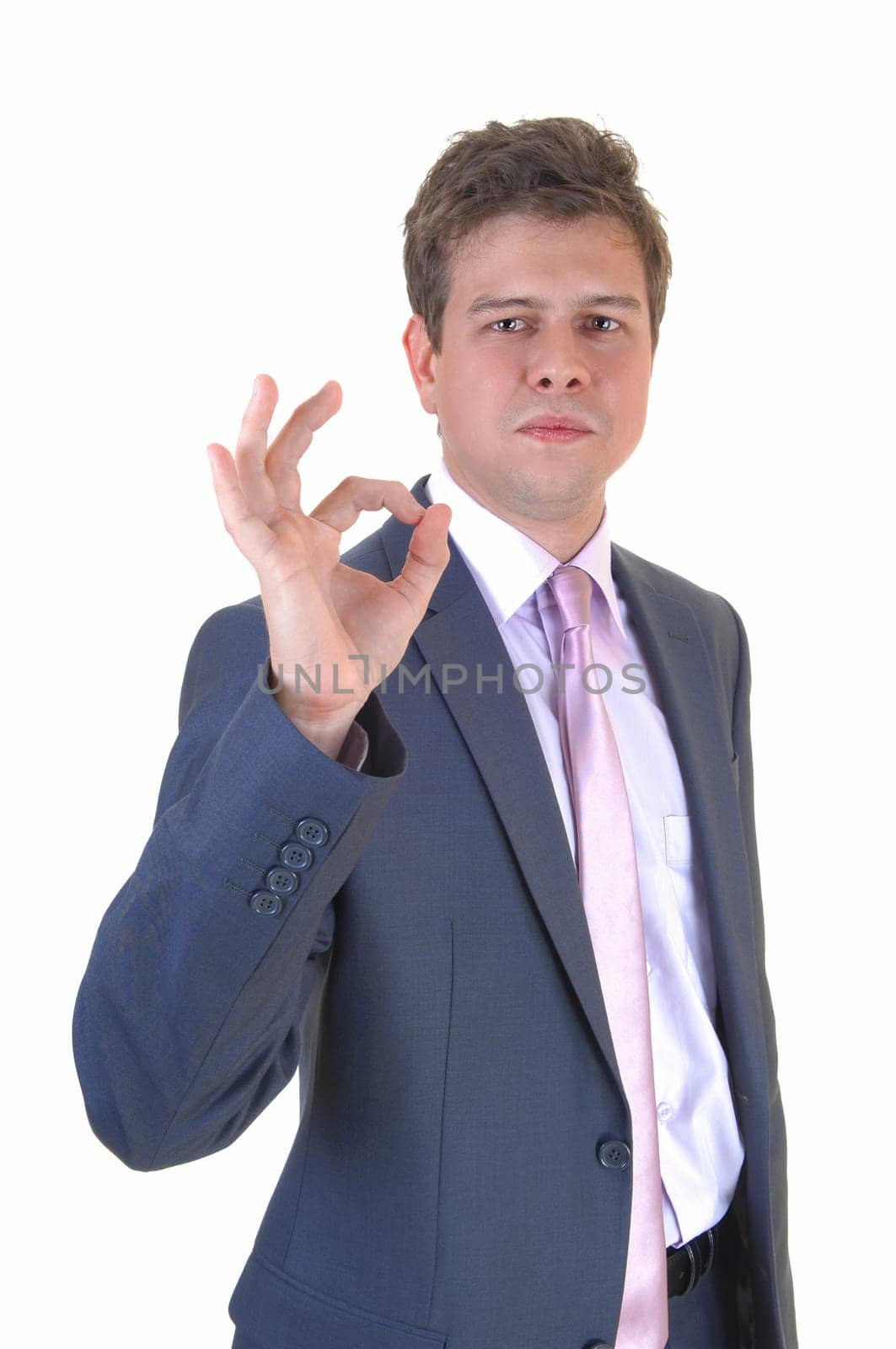 A young businessman sign that he has done an excellent work, for.white background..