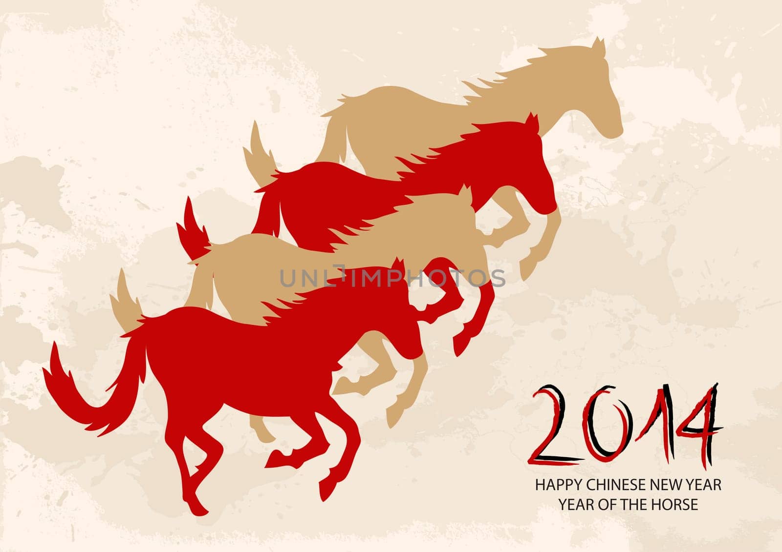 2014 Chinese New Year of the Horse silhouettes with grunge background. Vector file organized in layers for easy editing.