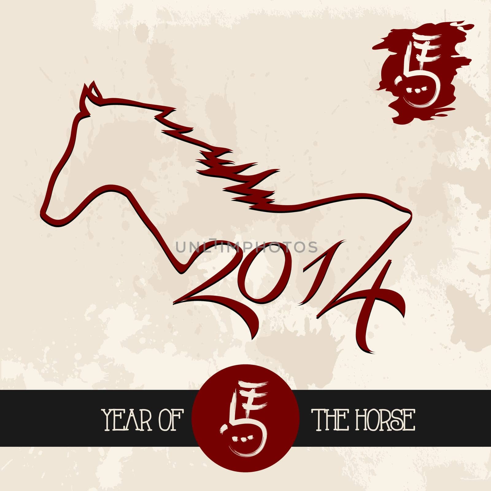 Chinese New Year of the Horse 2014, animal silhouette illustration over grunge background. Vector file organized in layers for easy editing.