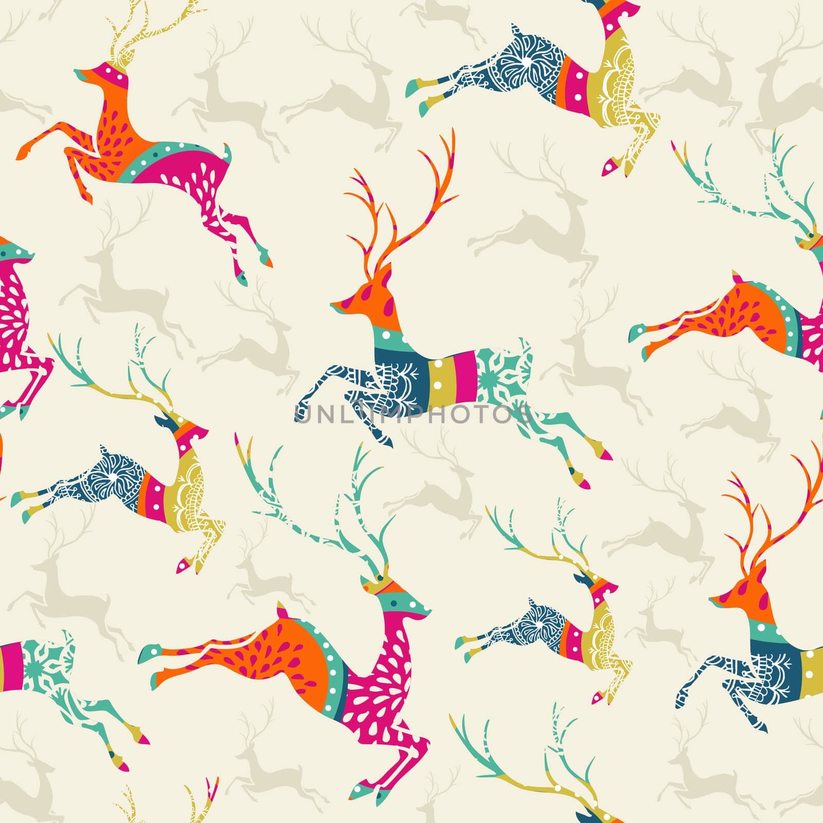Christmas decorations vintage elements reindeer seamless pattern postcard background. Vector file organized in layers for easy editing.