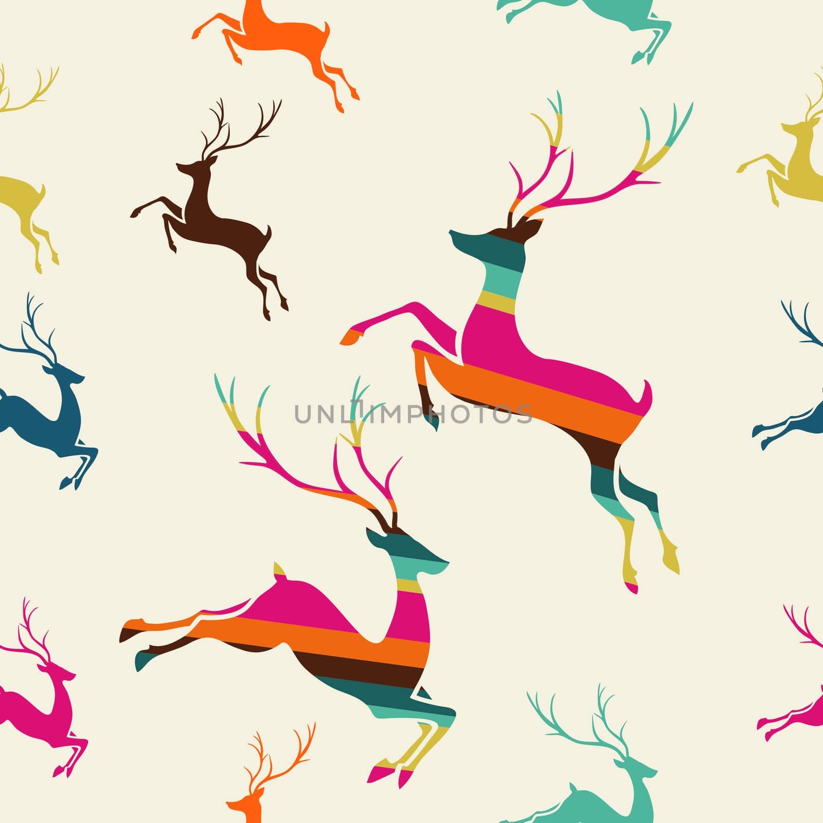 Christmas decorations elements striped reindeer seamless pattern postcard background. Vector file organized in layers for easy editing.