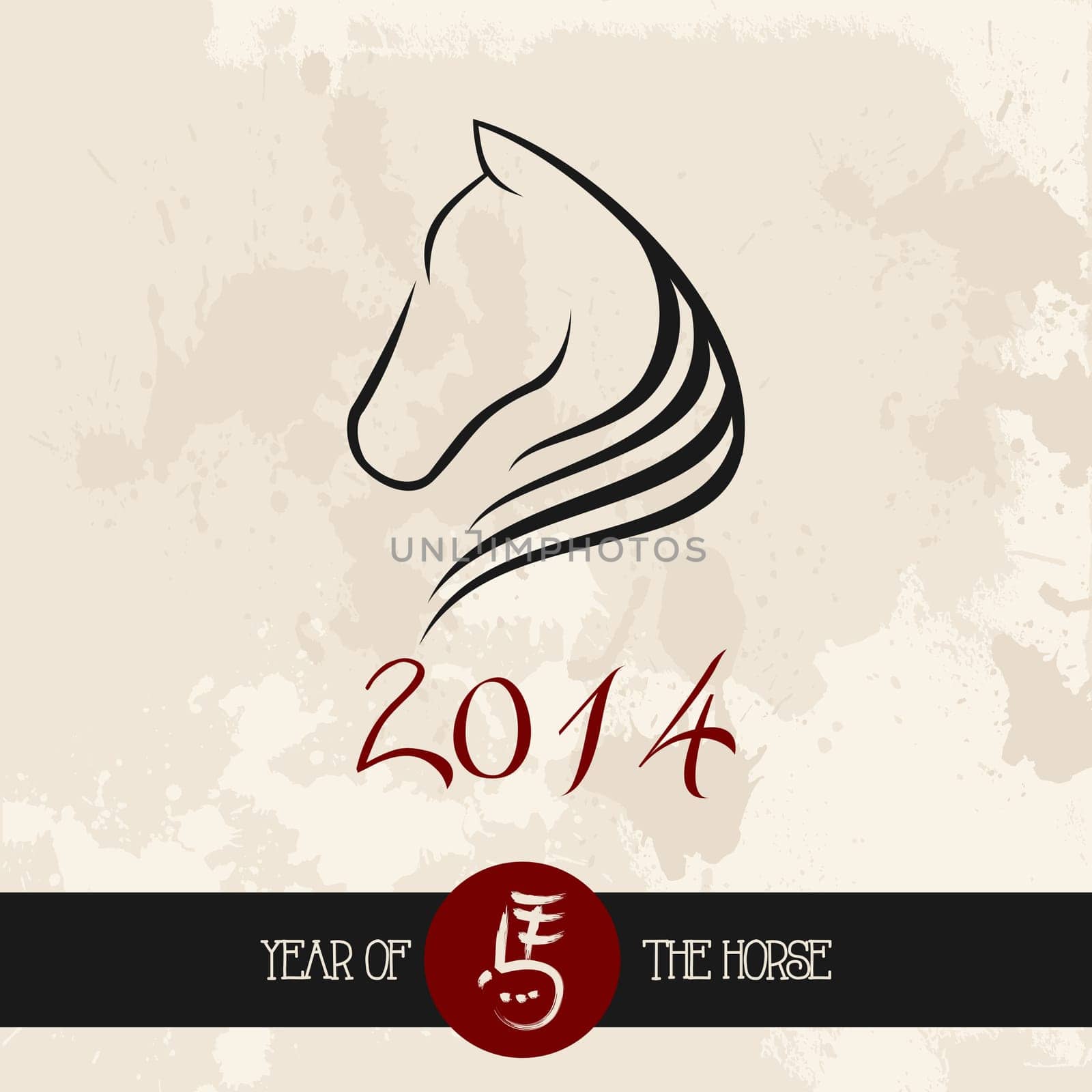 2014 Chinese New Year of the Horse silhouette illustration over grunge background. Vector file organized in layers for easy editing.