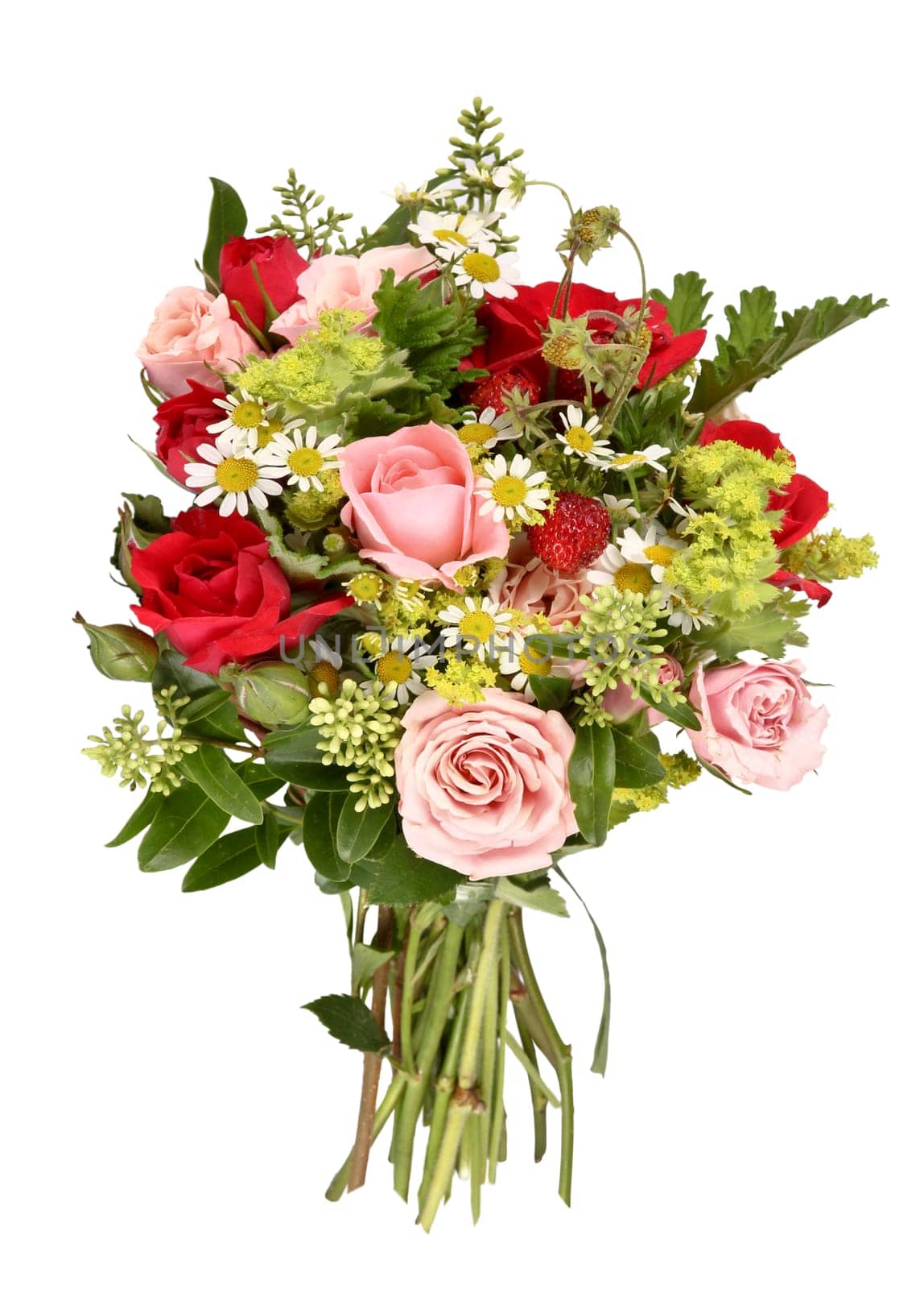 Bouquet of roses and wild strawberries