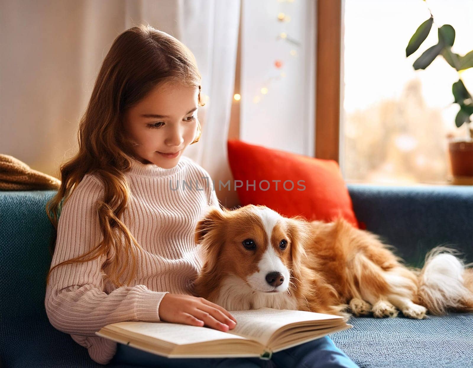 Young reader enjoying book time with pet dog at home.