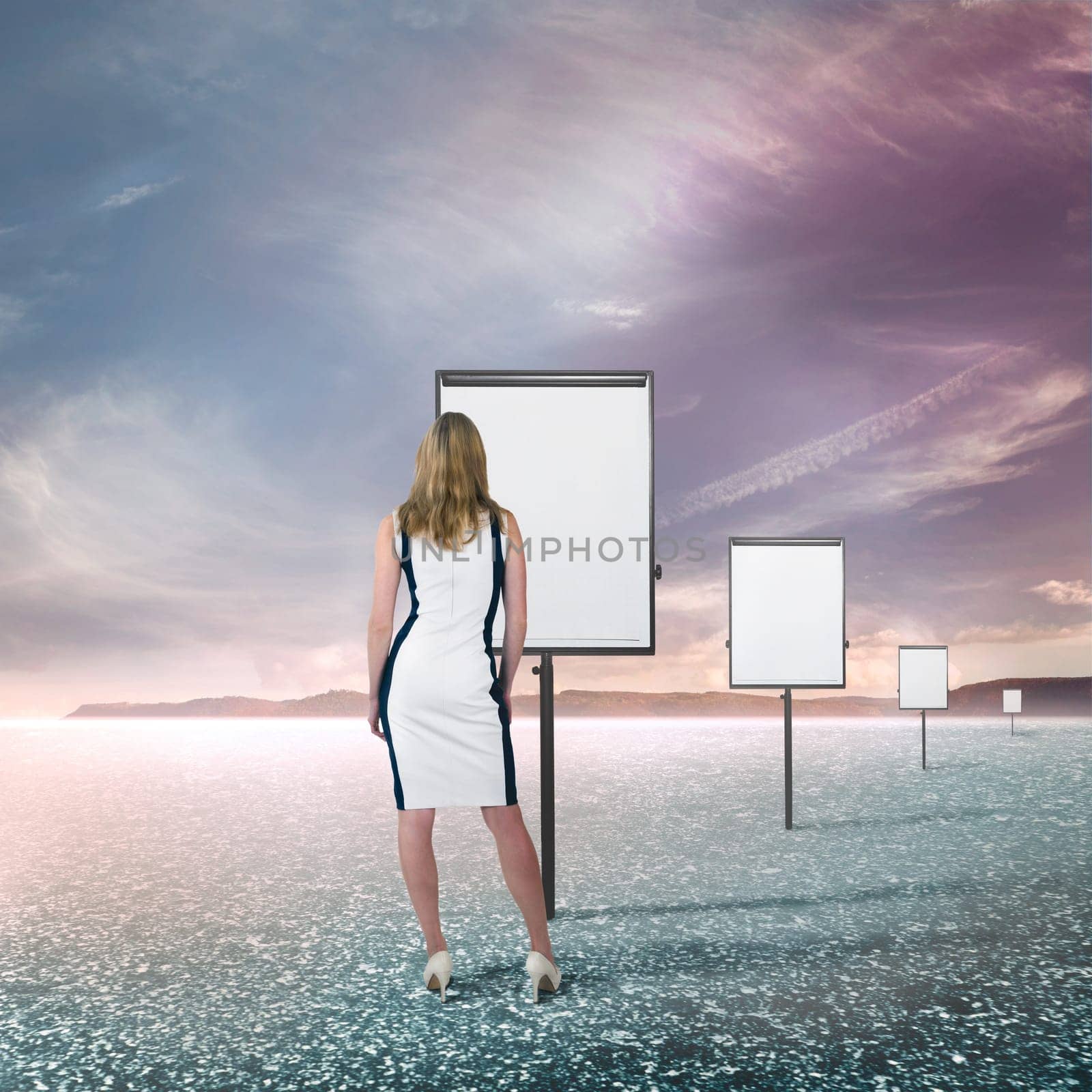 young woman in front of clipboards in solitude is faced with decision