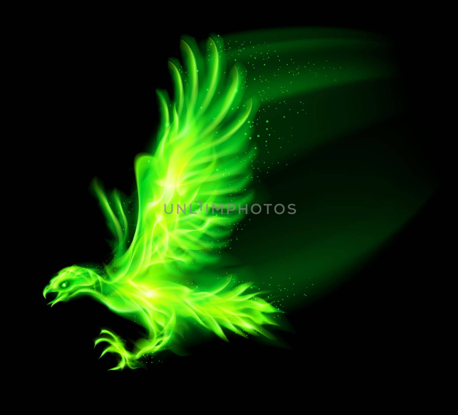 Illustration of green fire hawk on black background.