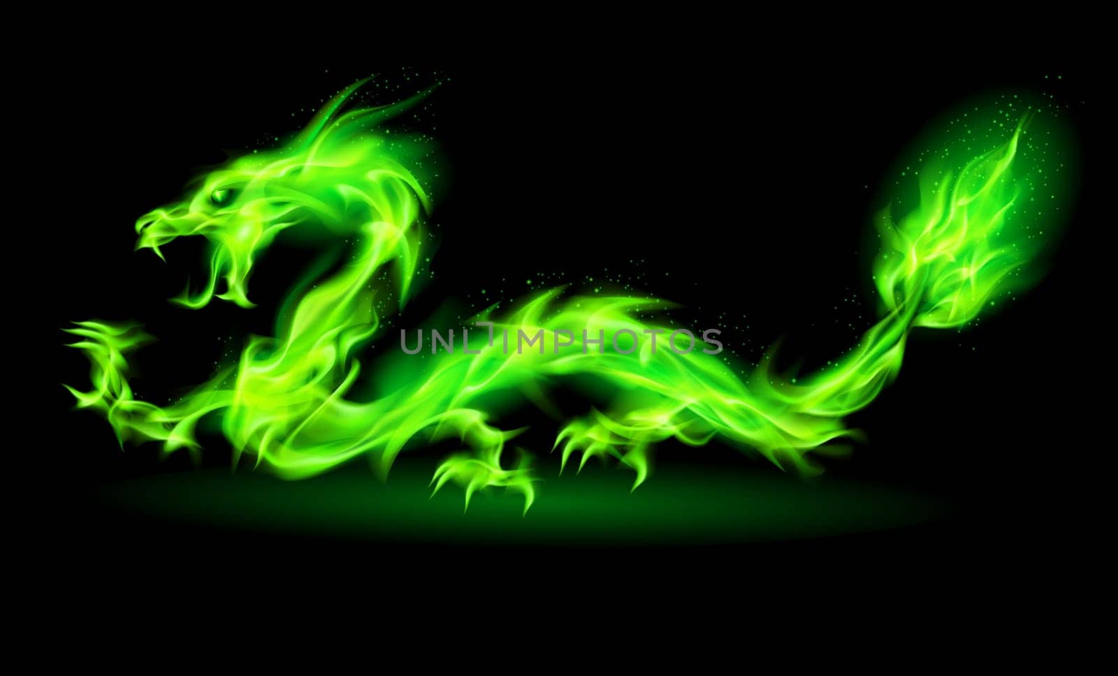 Fire Chinese dragon in green on black background.