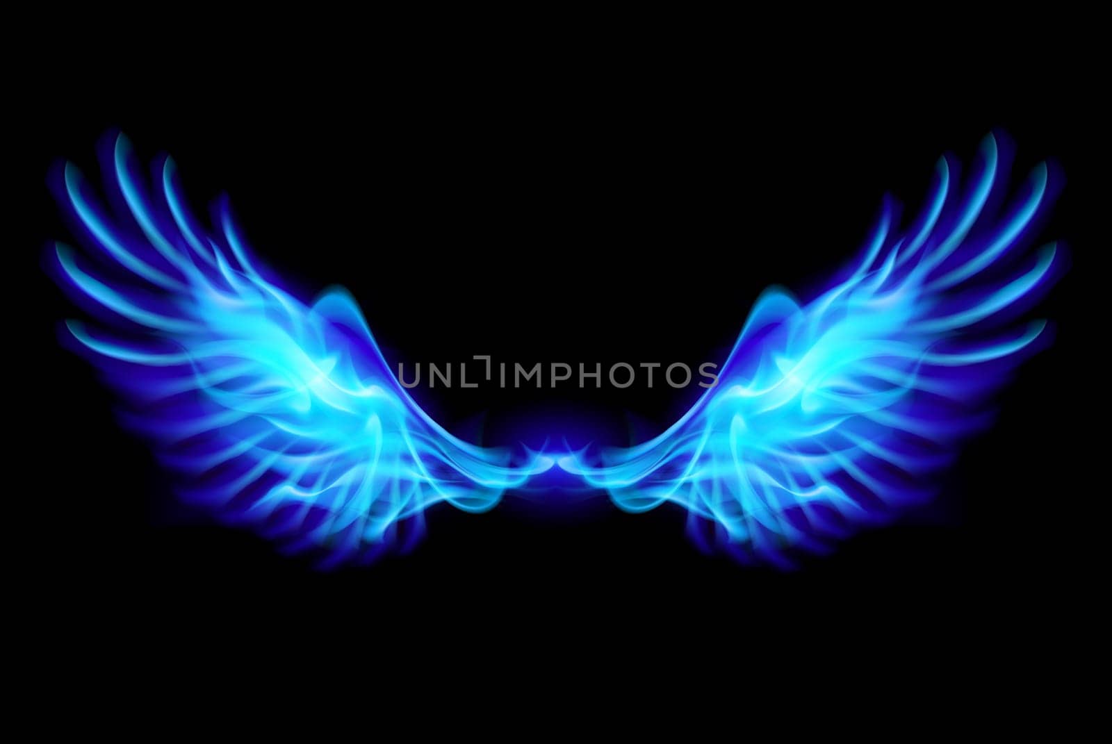 Illustration of blue fire wings on balck background.