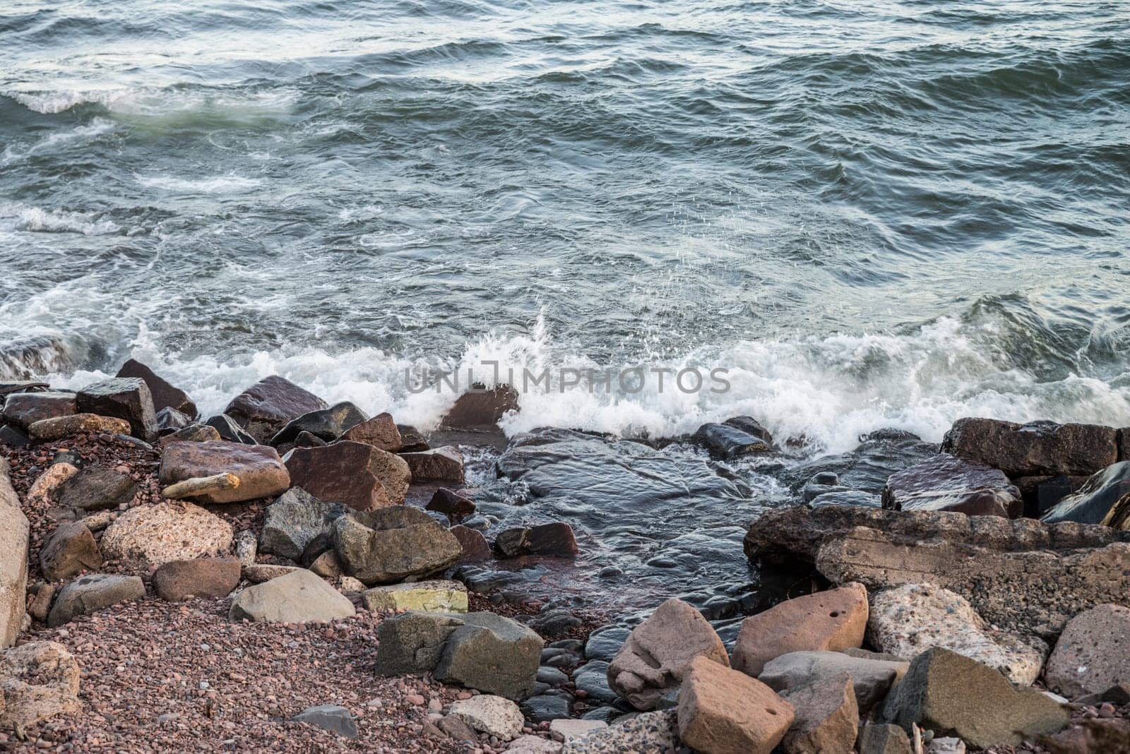 Waves hitting the rocky shore of Lake Superior