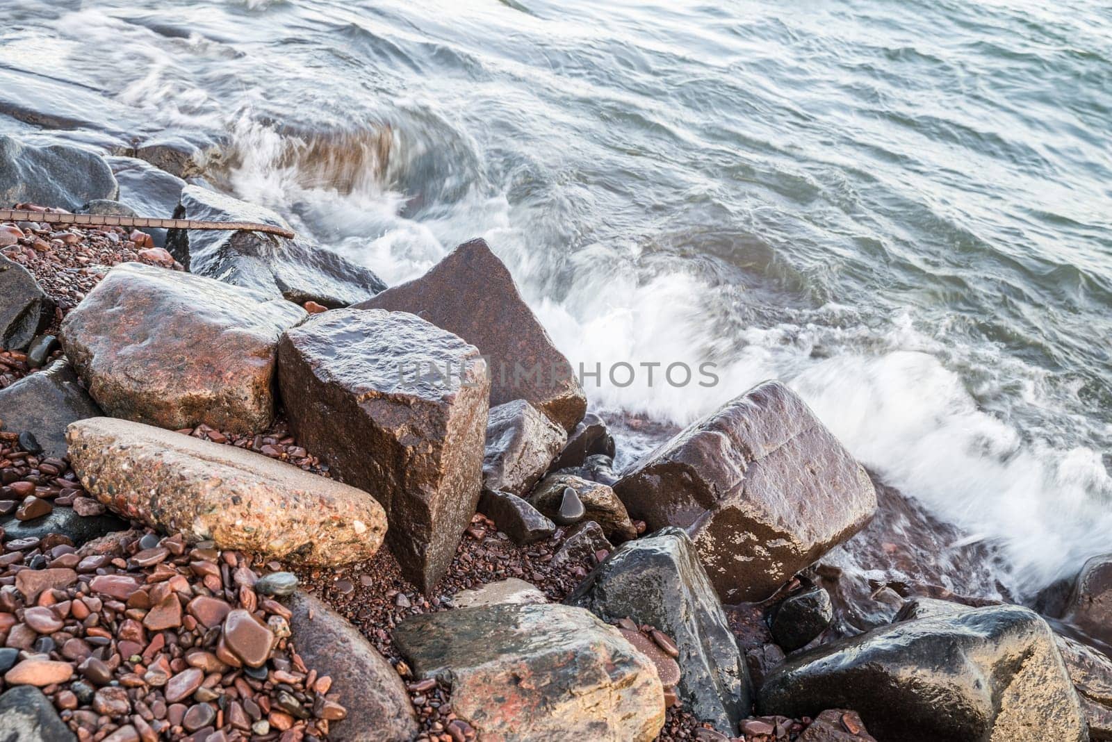 Waves hitting the rocky shore of Lake Superior
