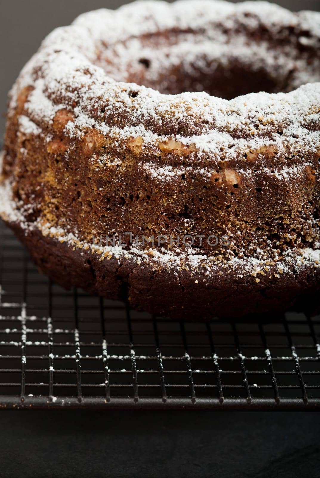 Closeup of chocolate cake sprinkled with icing sugar and resting on metal grill