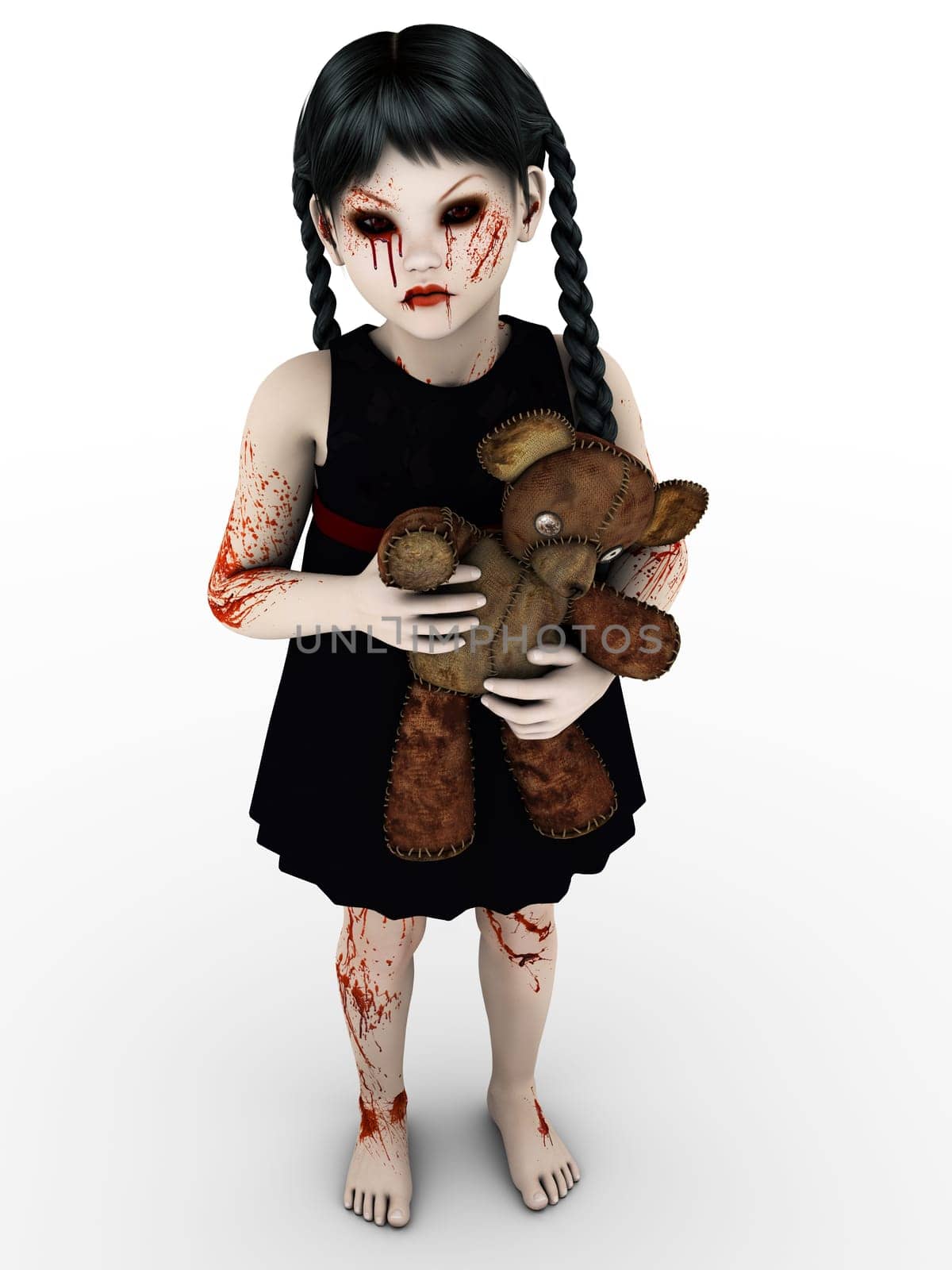 An evil gothic looking, blood covered small girl holding a teddybear. White background.
