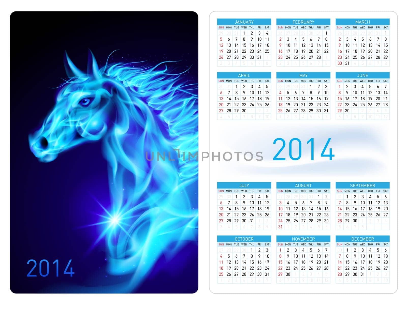 Calendar 2014 with beautiful blue fire horse image.