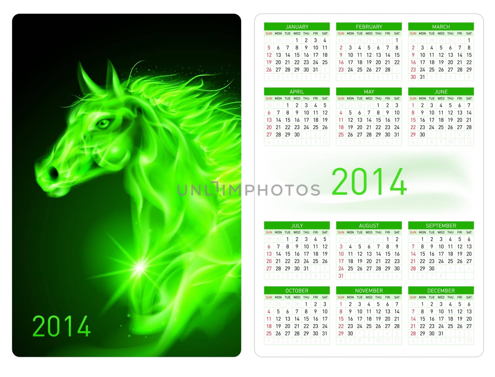 Calendar 2014 with beautiful green fire horse image.