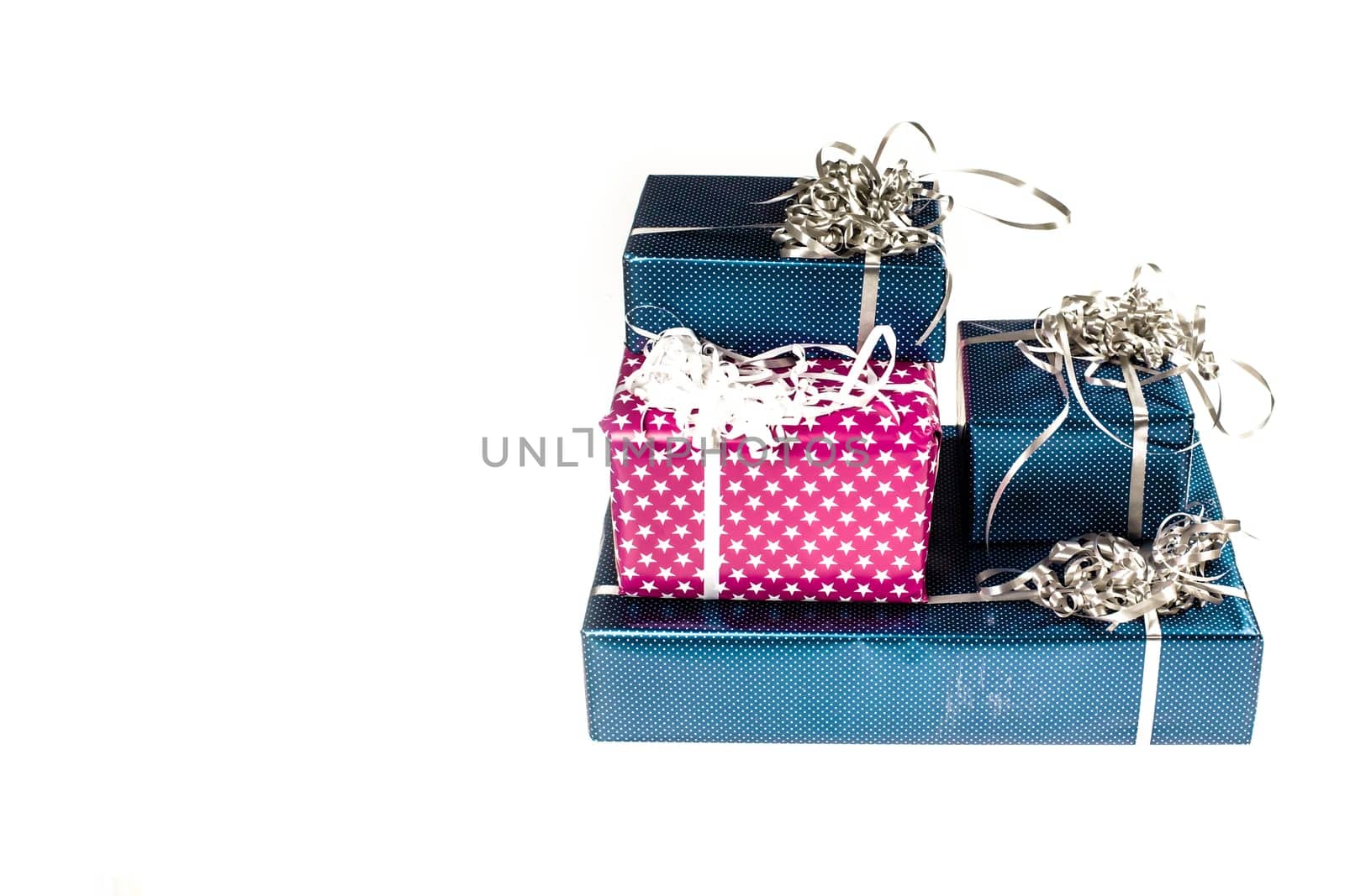 Colorful gift boxes with silver ribbon
