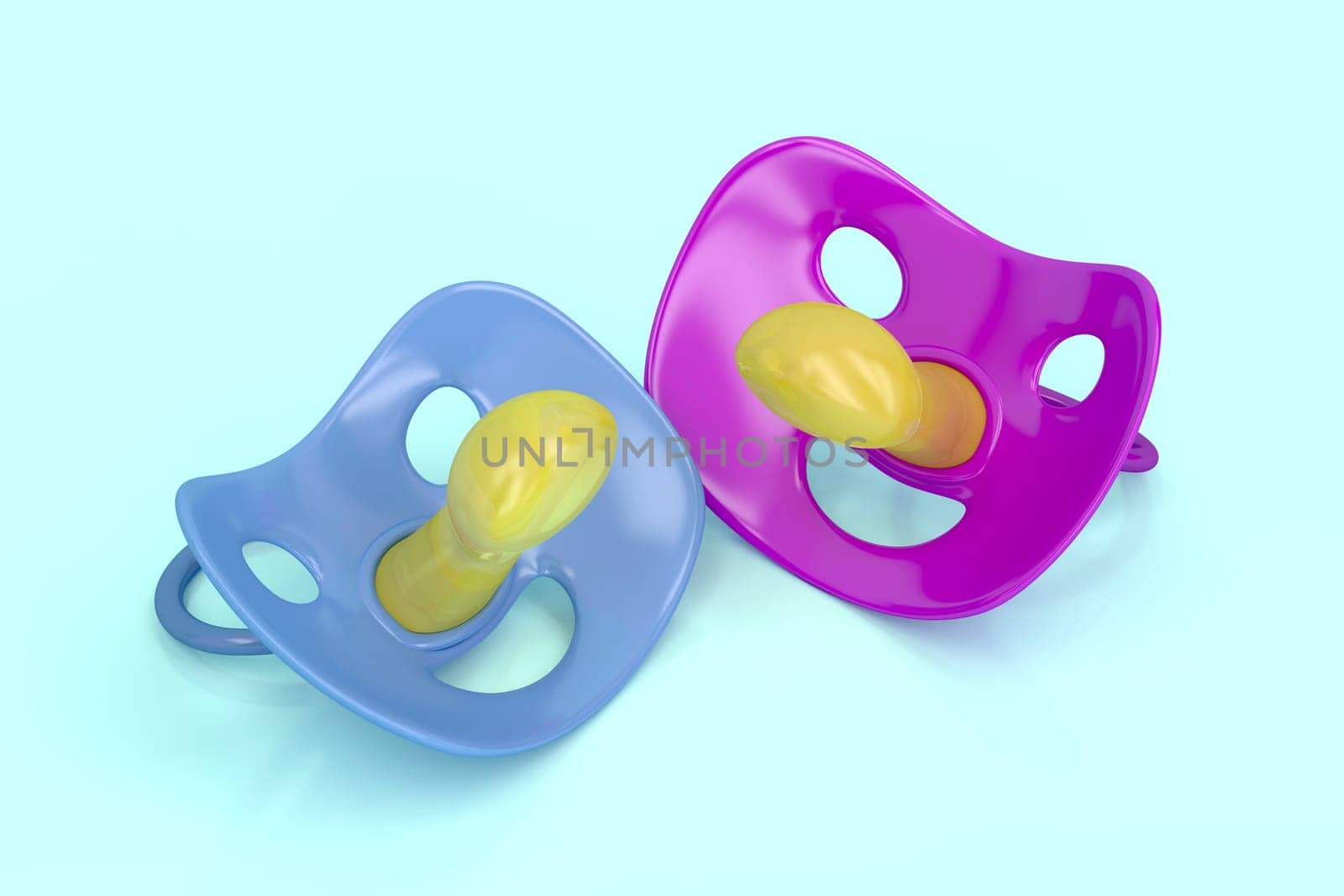 Blue and purple pacifiers, 3d rendered image