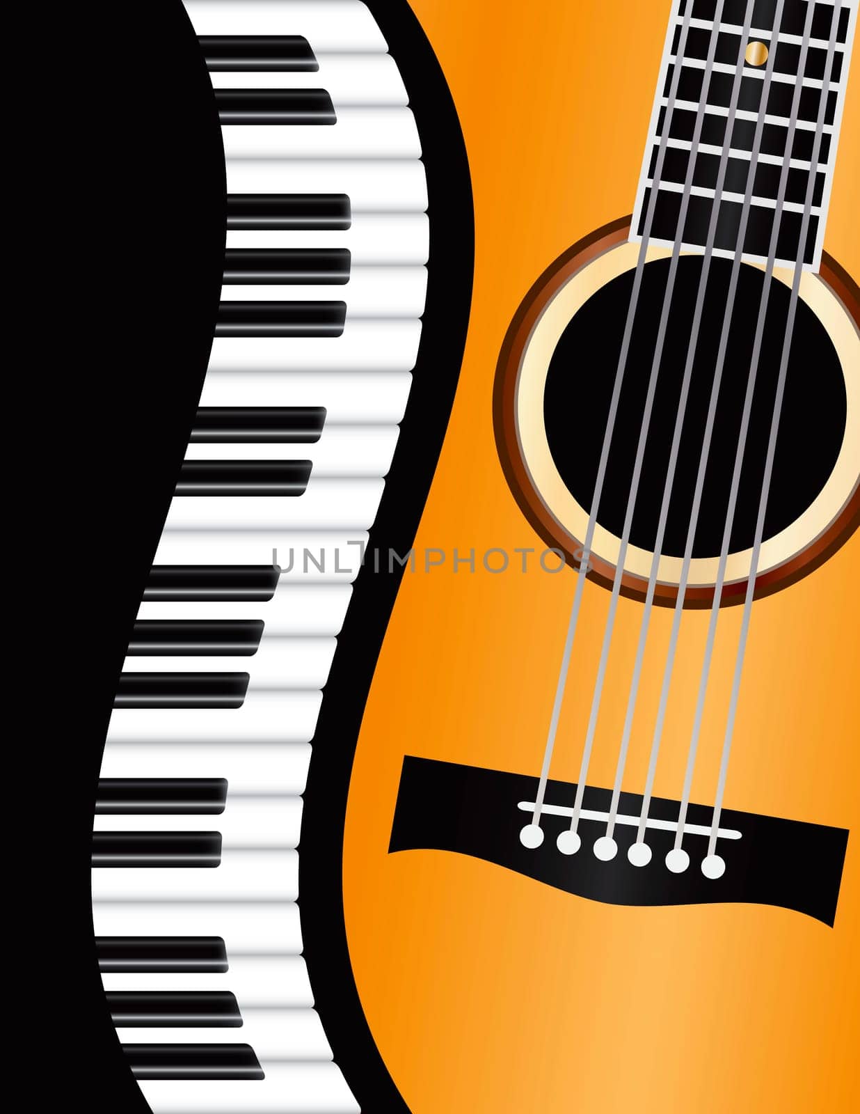 Piano Keyboards Wavy Border with Acoustic Guitar Closeup Background Illustration