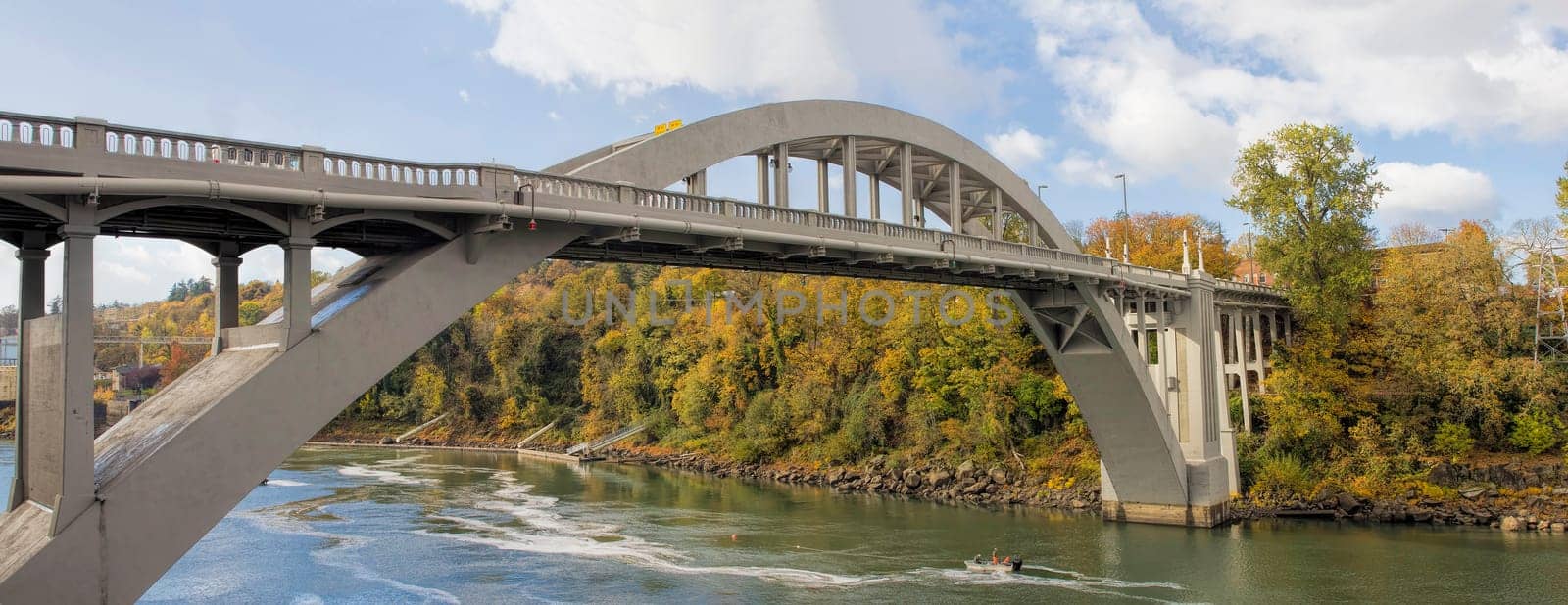 Oregon City Arch Bridge Over Willamette River Connecting West Linn and Oregon City Autumn Scene Panorama