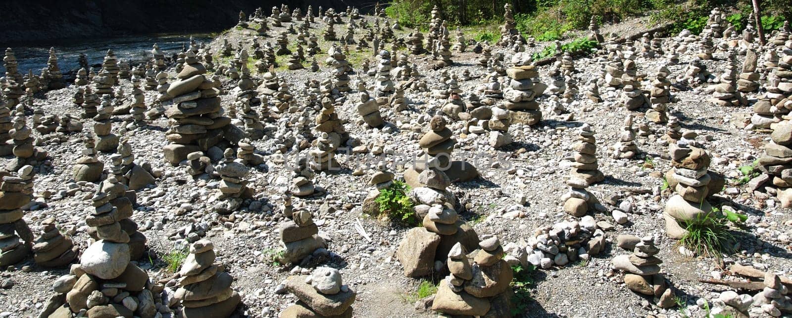 A group of many stones by a river