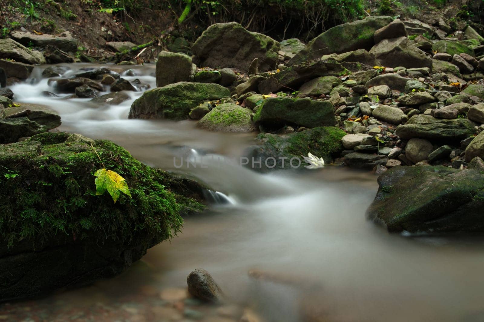 Autumnal mood on a river with many stones